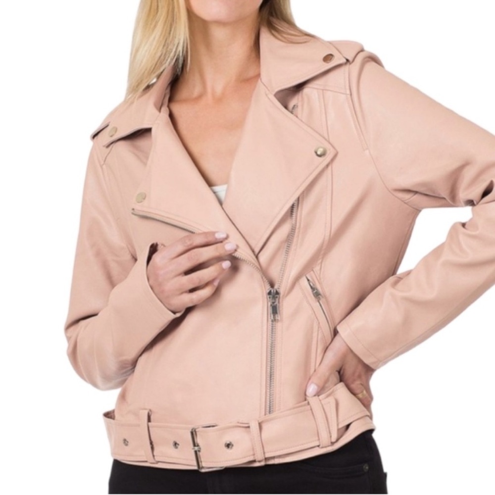 Zenana pink vegan leather motorcycle jacket L